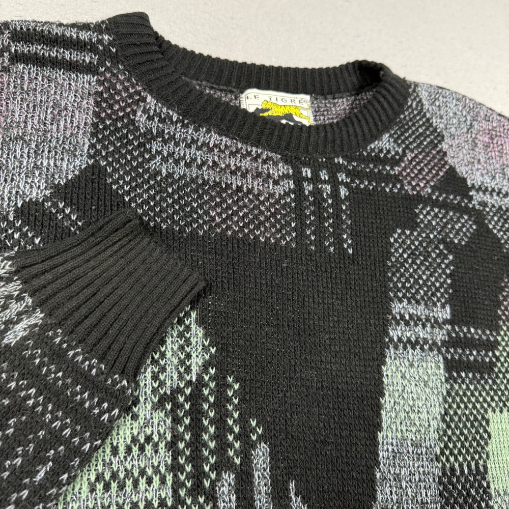 Vintage Le Tigre Mens Abstract Geometric Knit Sweater Black Green Made in USA M